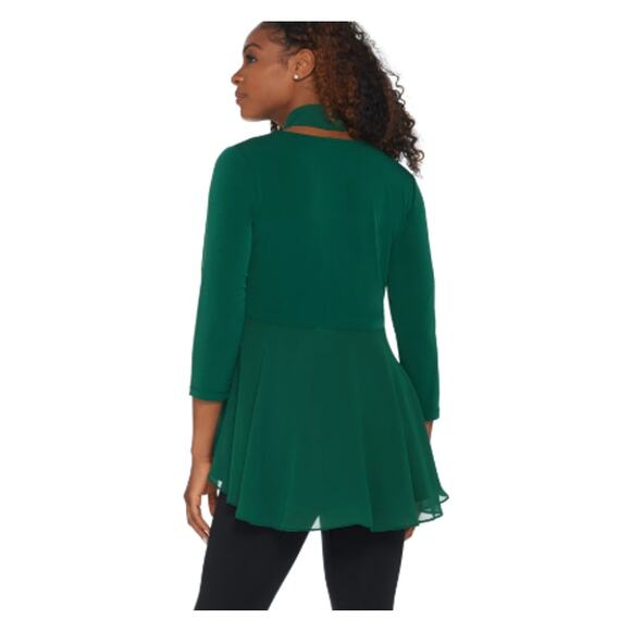 Susan Graver Top Medium Green Liquid Knit Chiffon Ribbon Bow Tie Neck Blouse - Picture 3 of 10